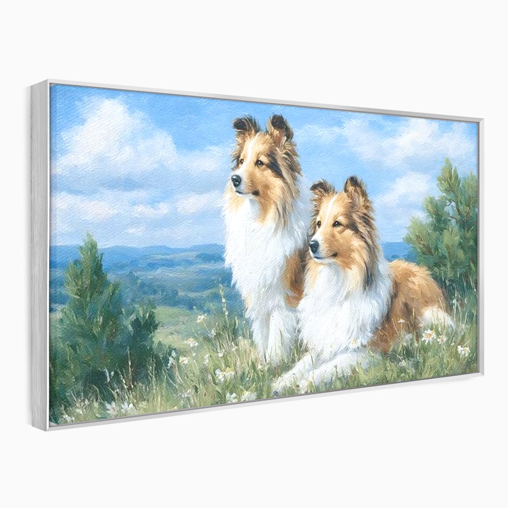 Tablou canvas cu tablou canvas cu doi caini ciobanesti pe un deal, in rama de aluminiu argintiu